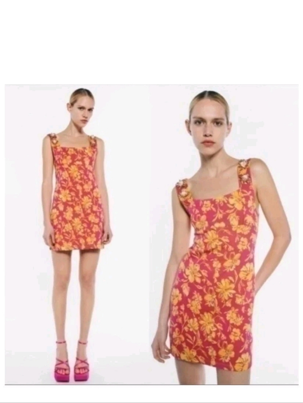 Zara 100% Cotton Floral Square-Neck Mini Dress Skater Dress Size Large